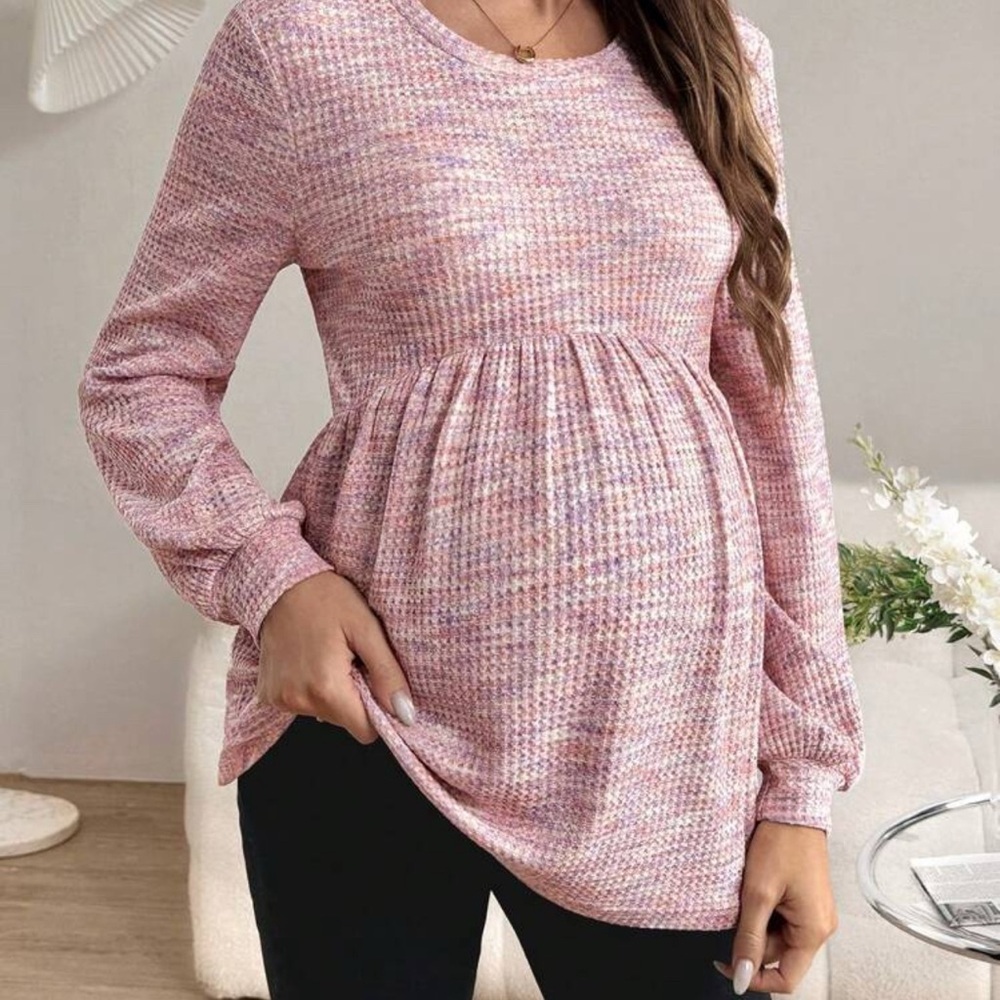Title: 🌸 SHEIN Maternity Waffle Knit Babydoll Top | Women’s Small | Soft Pink 🌸 - Picture 2 of 3